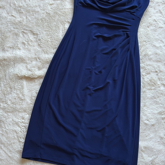 Ralph Lauren Navy Blue Draped Sheath Dress Cap Sleeve Ruched Midi Classic Size 2 - Picture 3 of 9